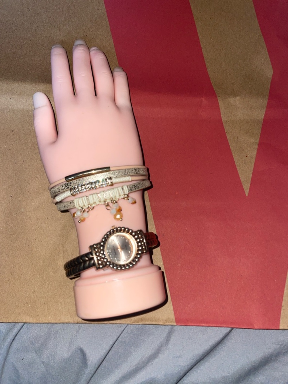 Geneva Rose Gold Watch with Beige Layered Bracelet Set